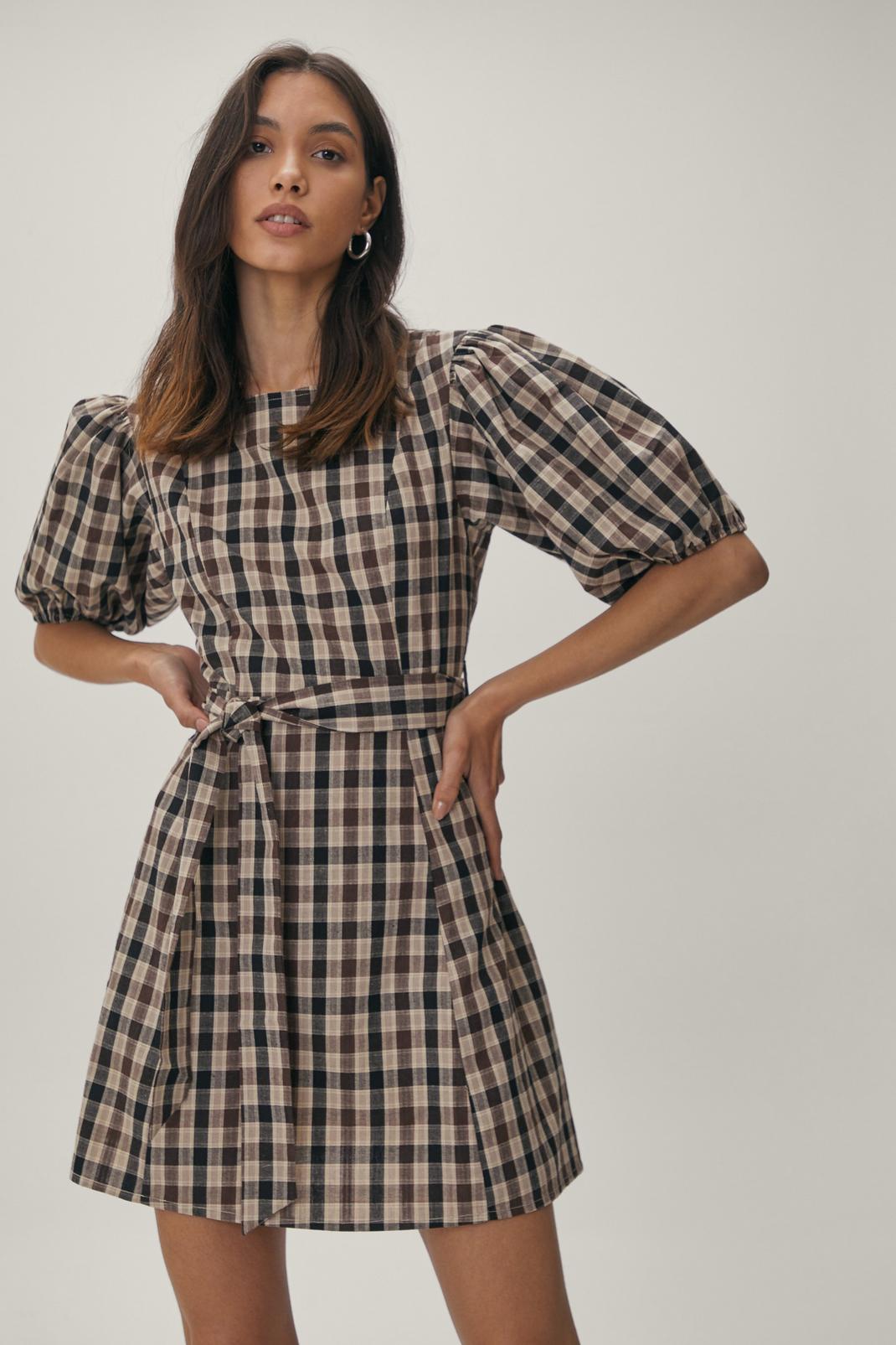 Multi Check Puff Sleeve Dress image number 1