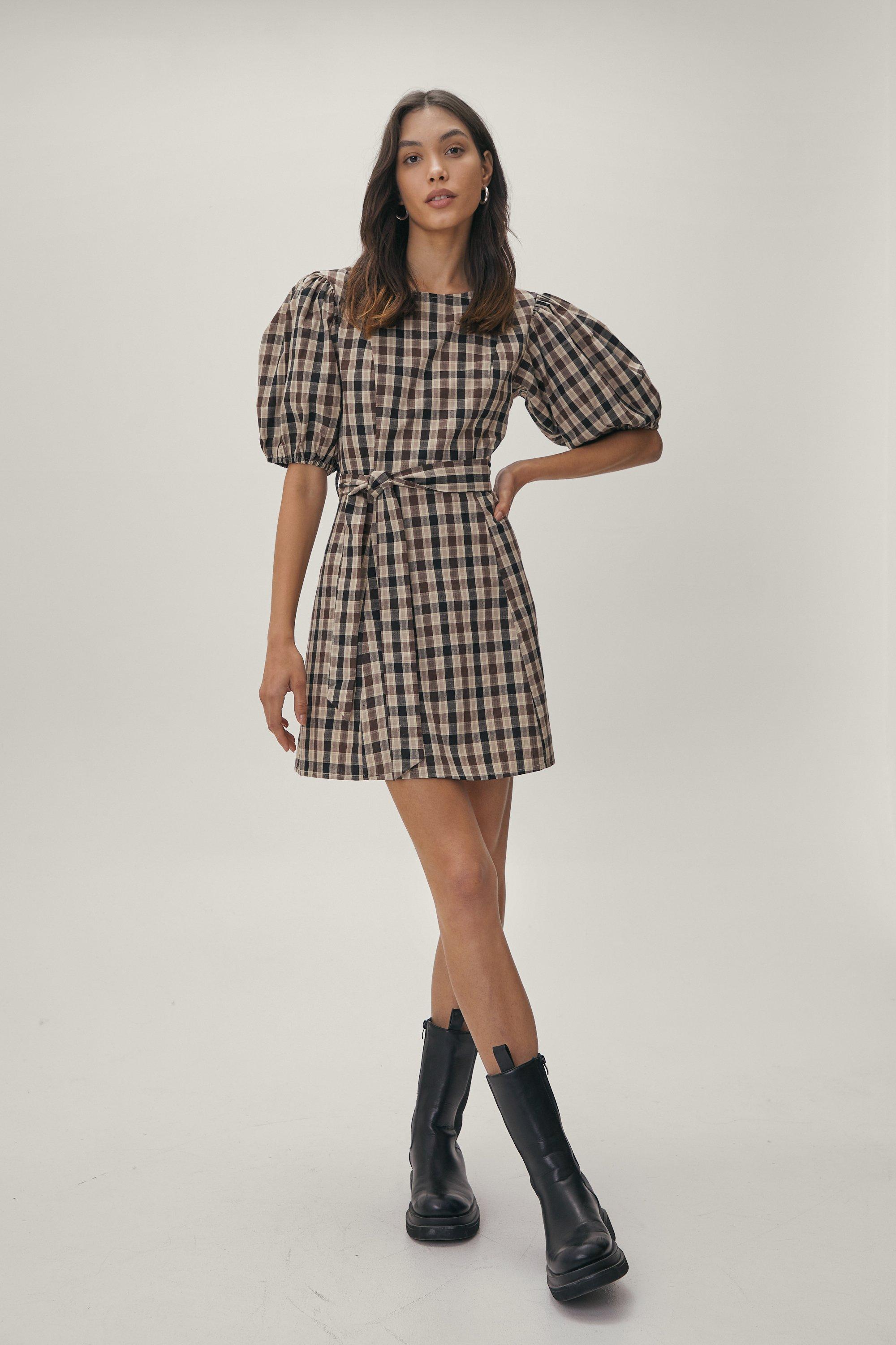 Check Puff Sleeve Dress