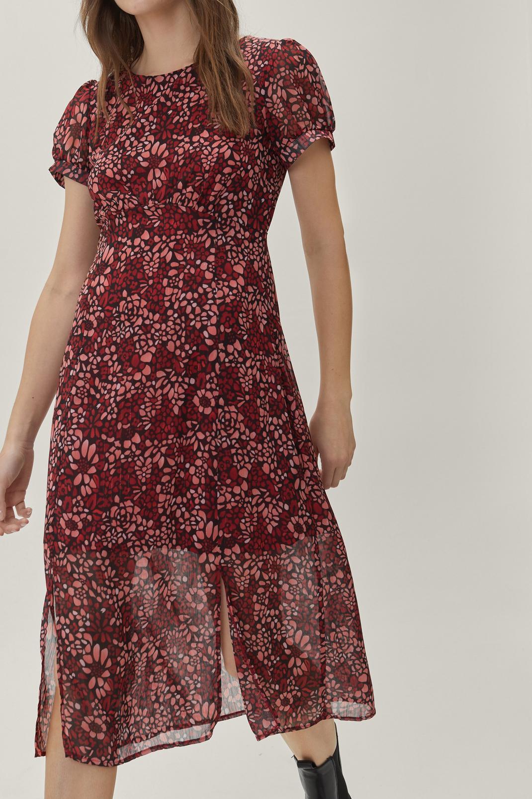 Multi Floral Short Sleeve Midi Tea Dress image number 1