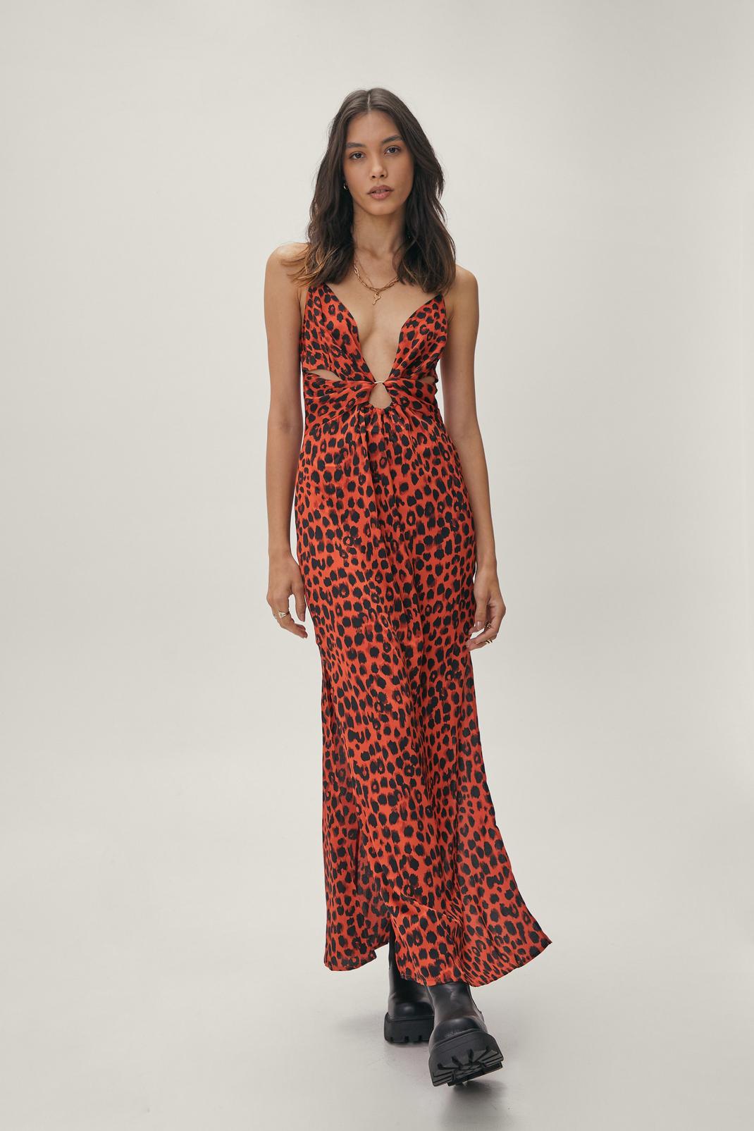 Red Animal Print Twist Front O Ring Strappy Maxi Dress image number 1