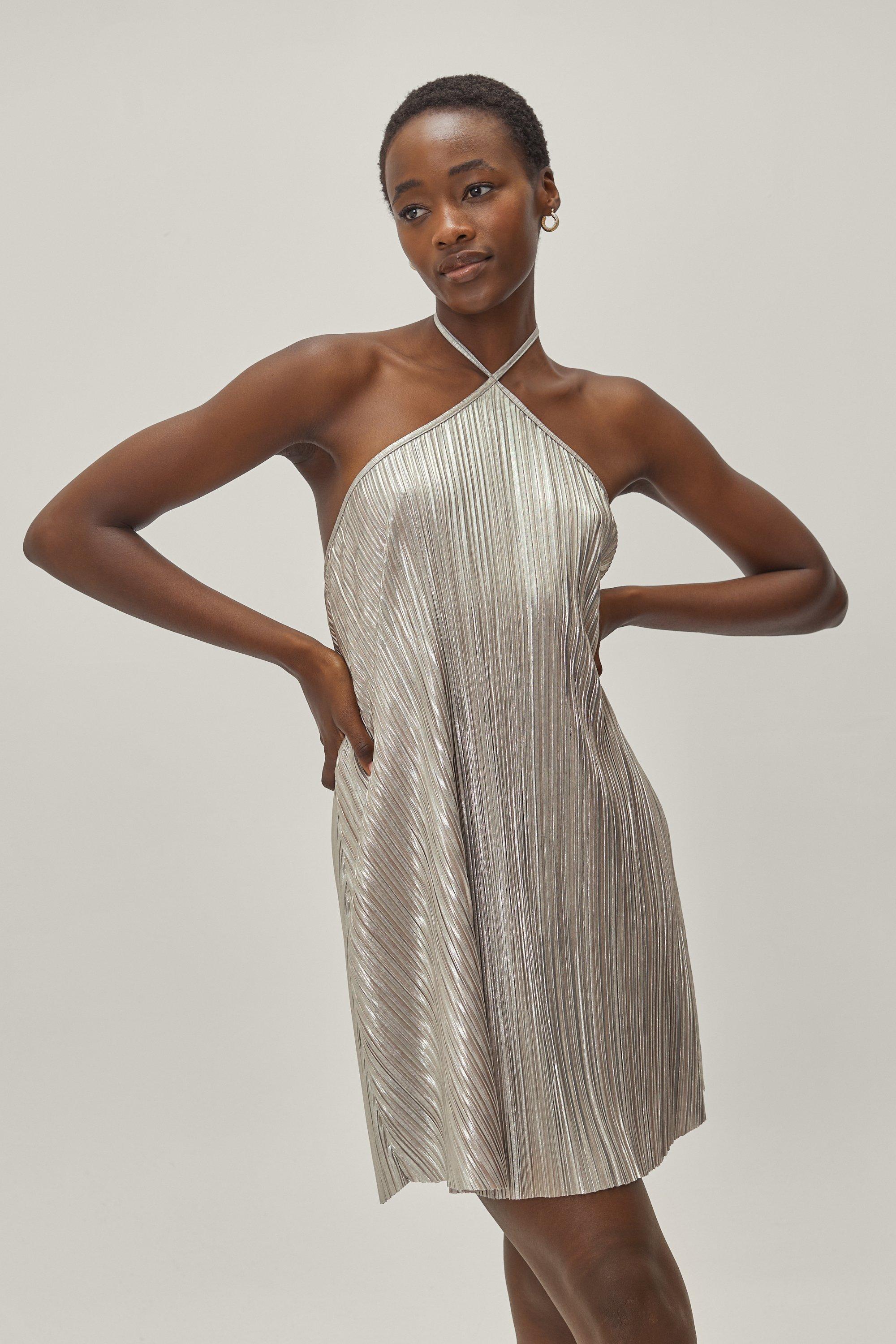 metallic halter dress