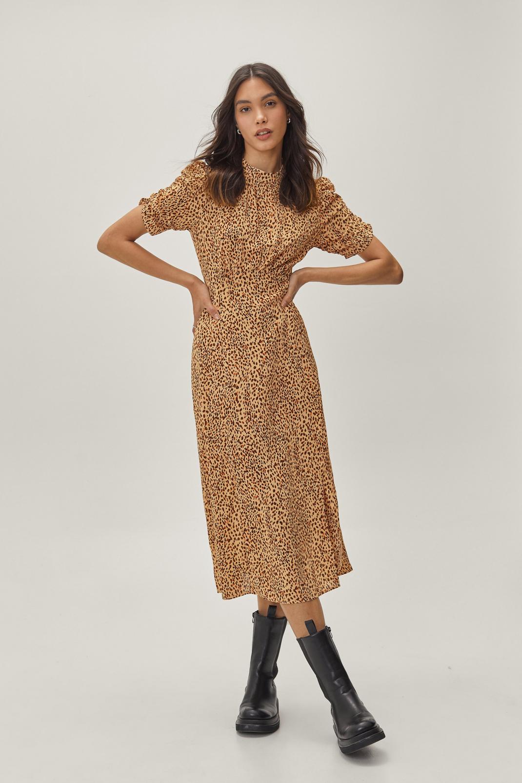 124 High Neck Ruched Sleeve Printed Midi Dress image number 1