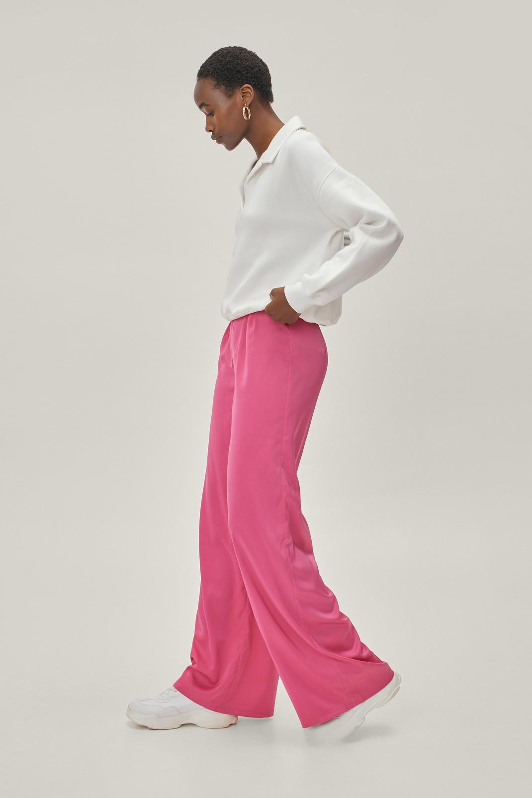 Magenta Satin Button Detail Wide Leg Trousers image number 1