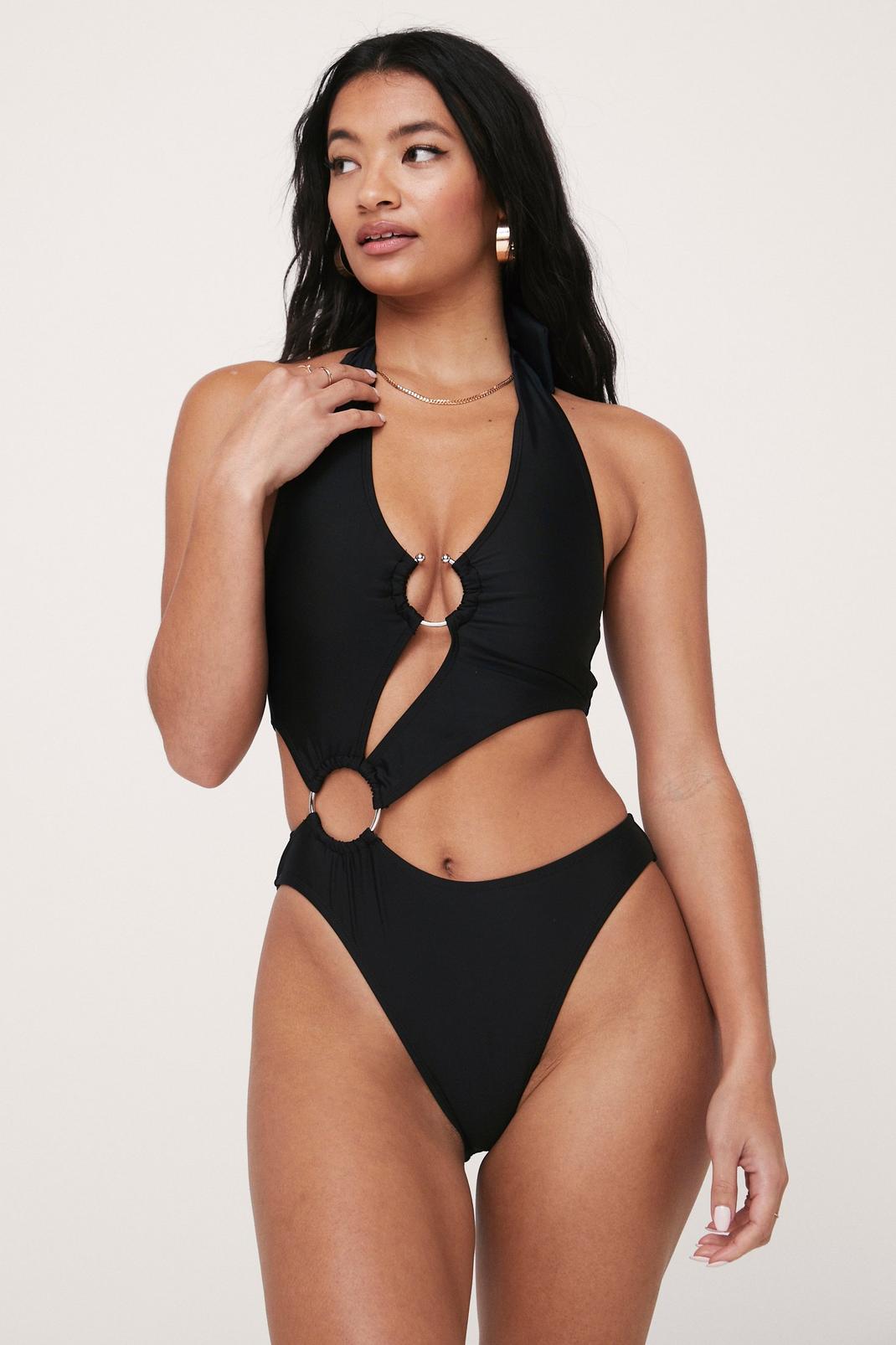 Black Ring Cut Out Swimsuit image number 1