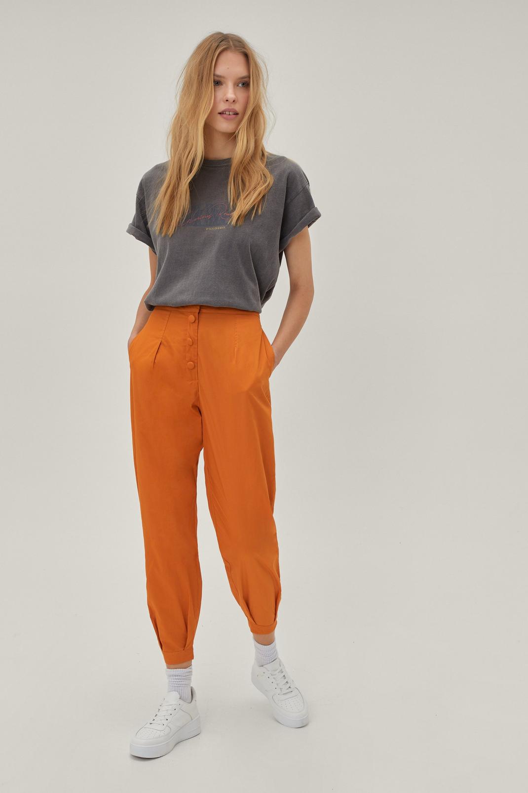 Tan Tapered Button Down High Waist Trousers image number 1
