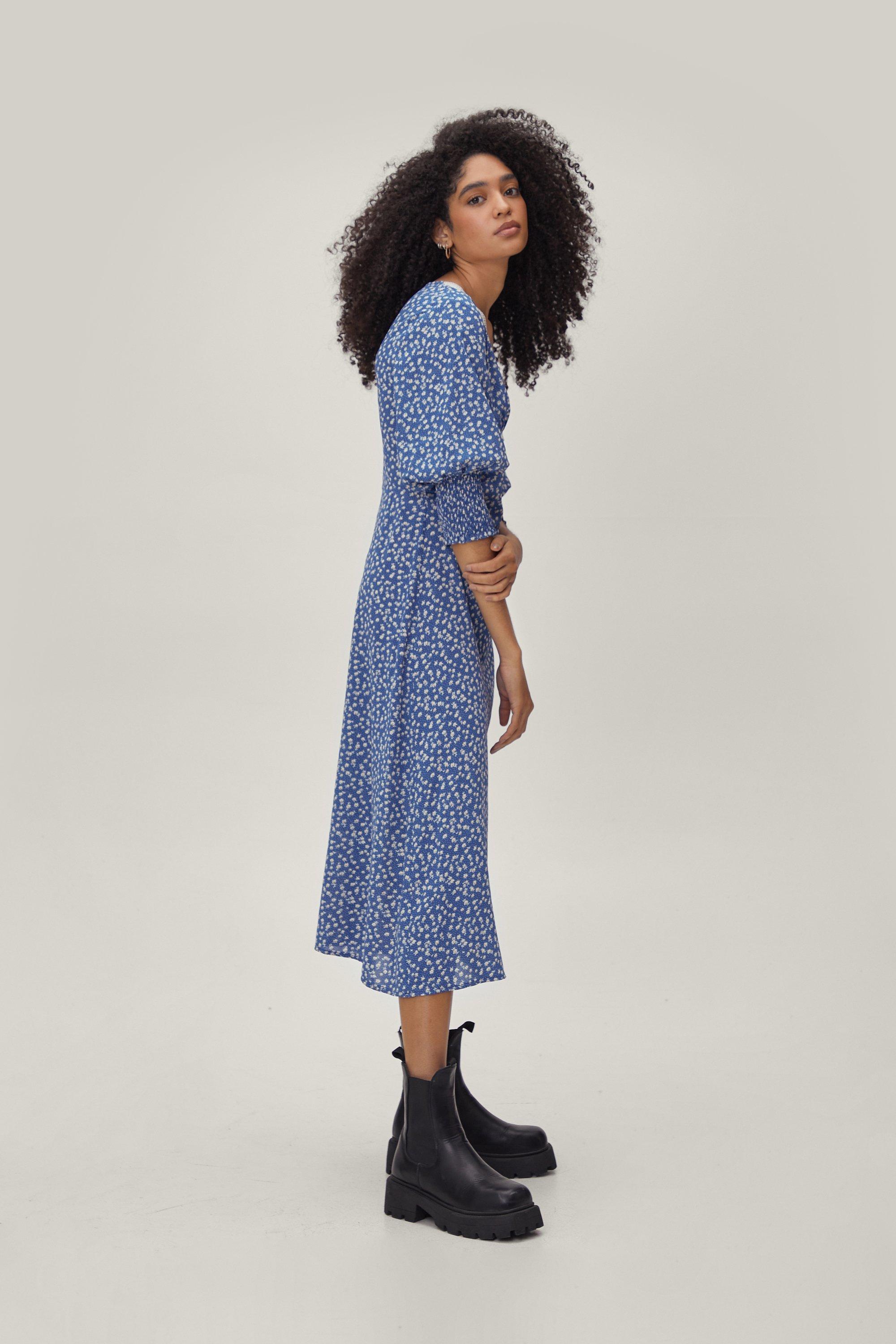 Floral Lace Trim Puff Sleeve Midi Dress