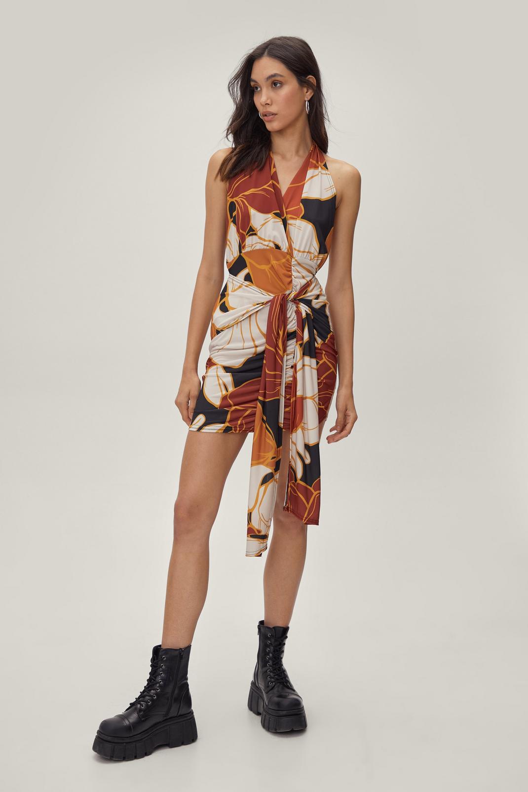 Rust Abstract Printed Tie Front Bodycon Mini Dress image number 1