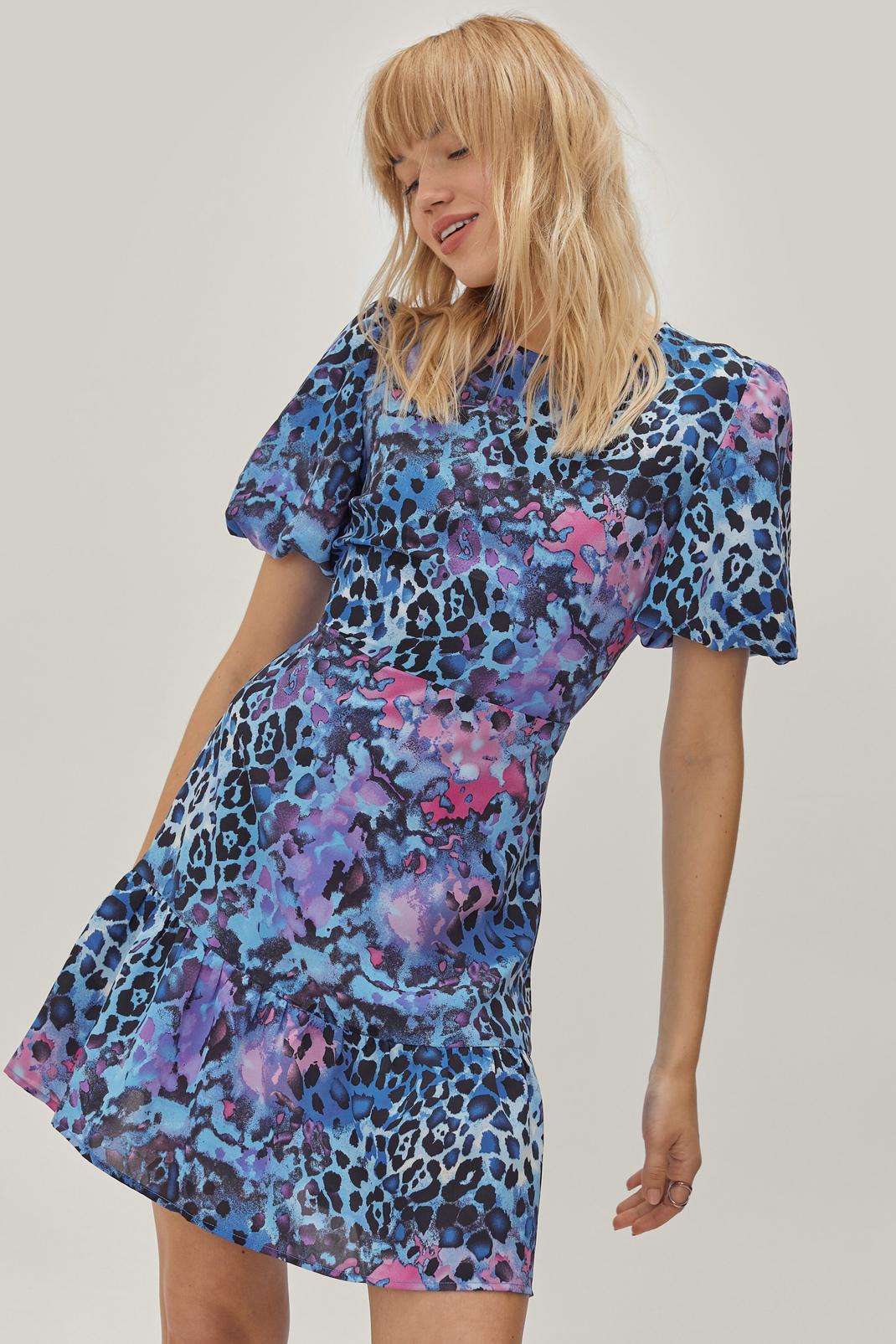 Blue Animal Print Puff Sleeve Mini Dress image number 1