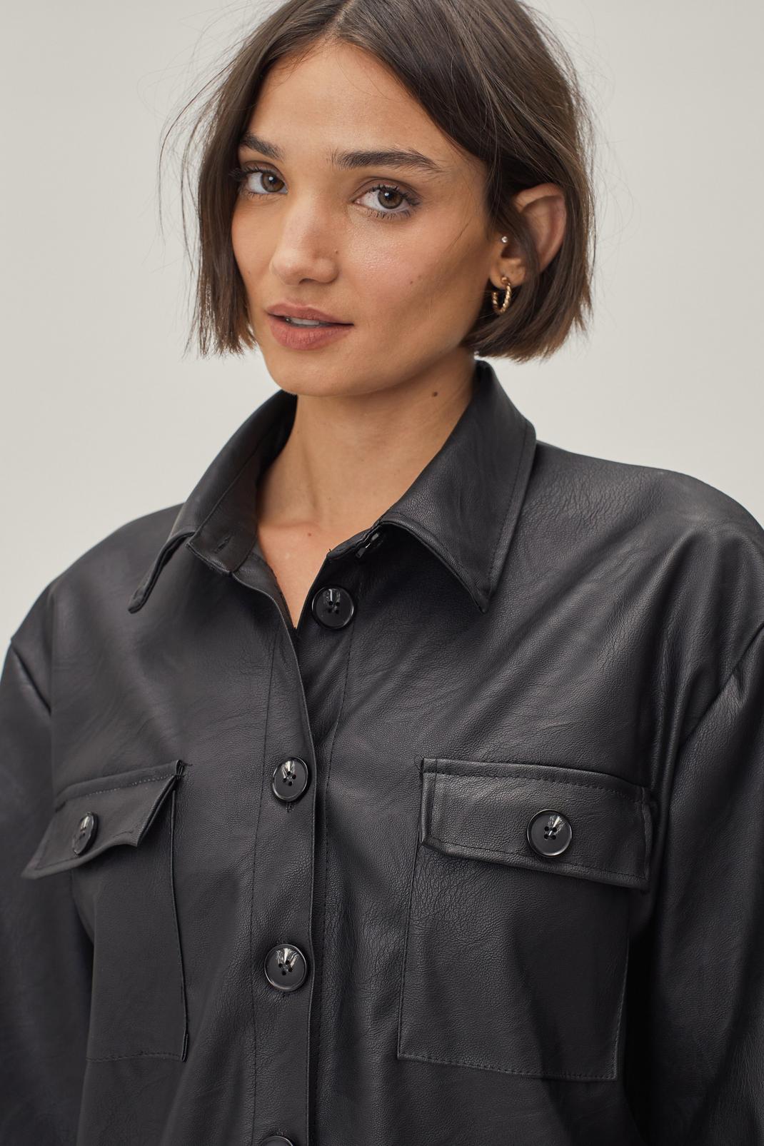 Black Faux Leather Pocket Detail Oversized Shirt image number 1