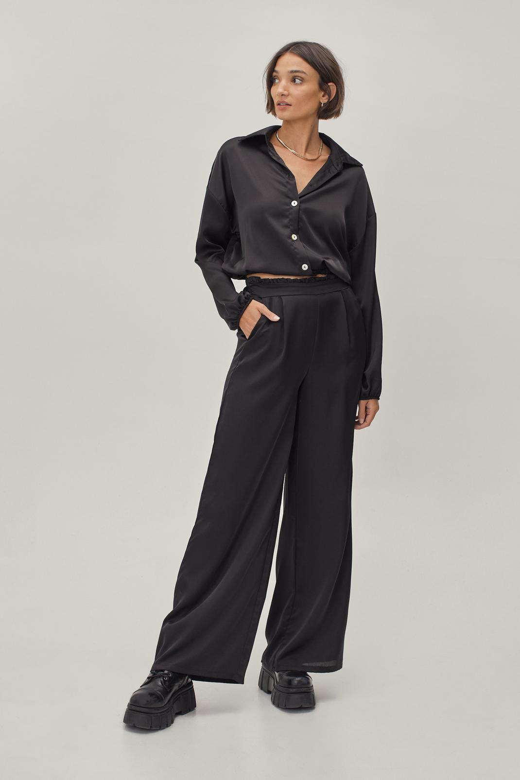 Black Satin Collared Shirt and Wide Leg Trousers Set image number 1