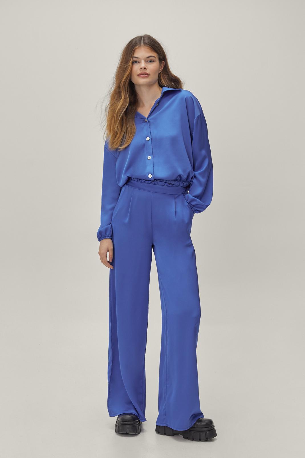 Cobalt Satin Collared Shirt and Wide Leg Trousers Set image number 1