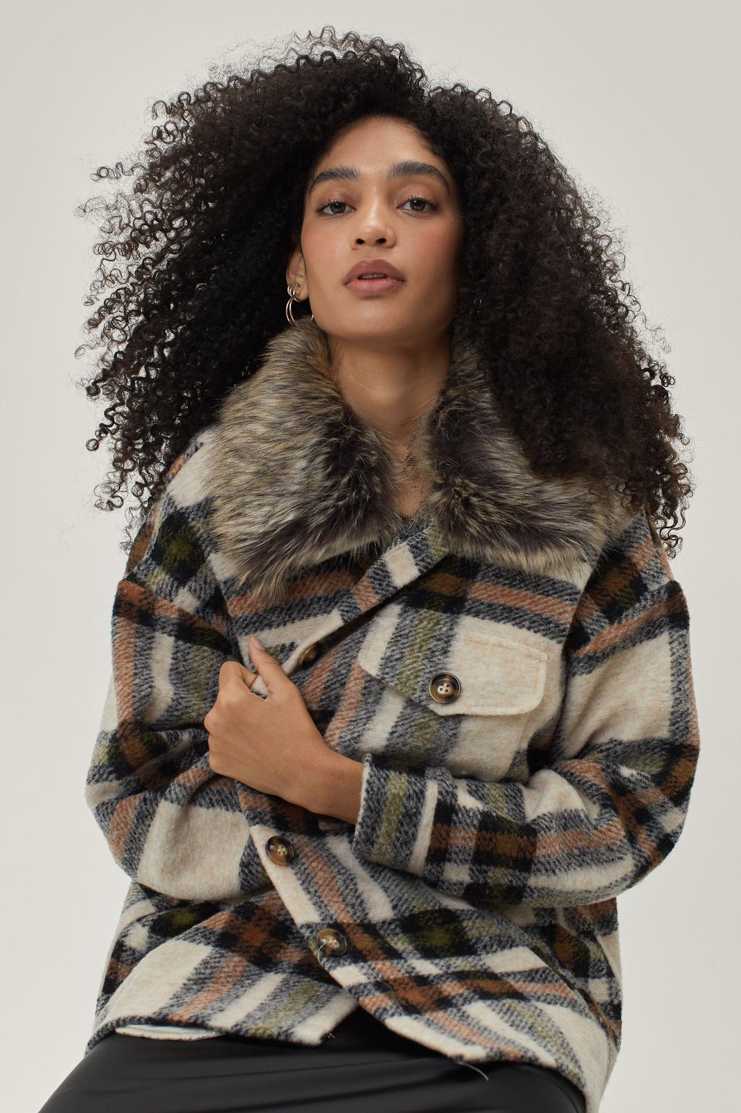 Brown Faux Fur Collar Check Jacket image number 1