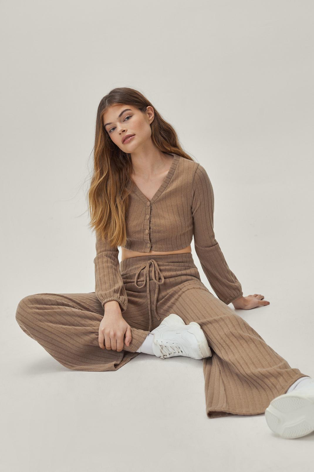 Stone Button Down Crop Top and Wide Leg Pants Lounge Set image number 1