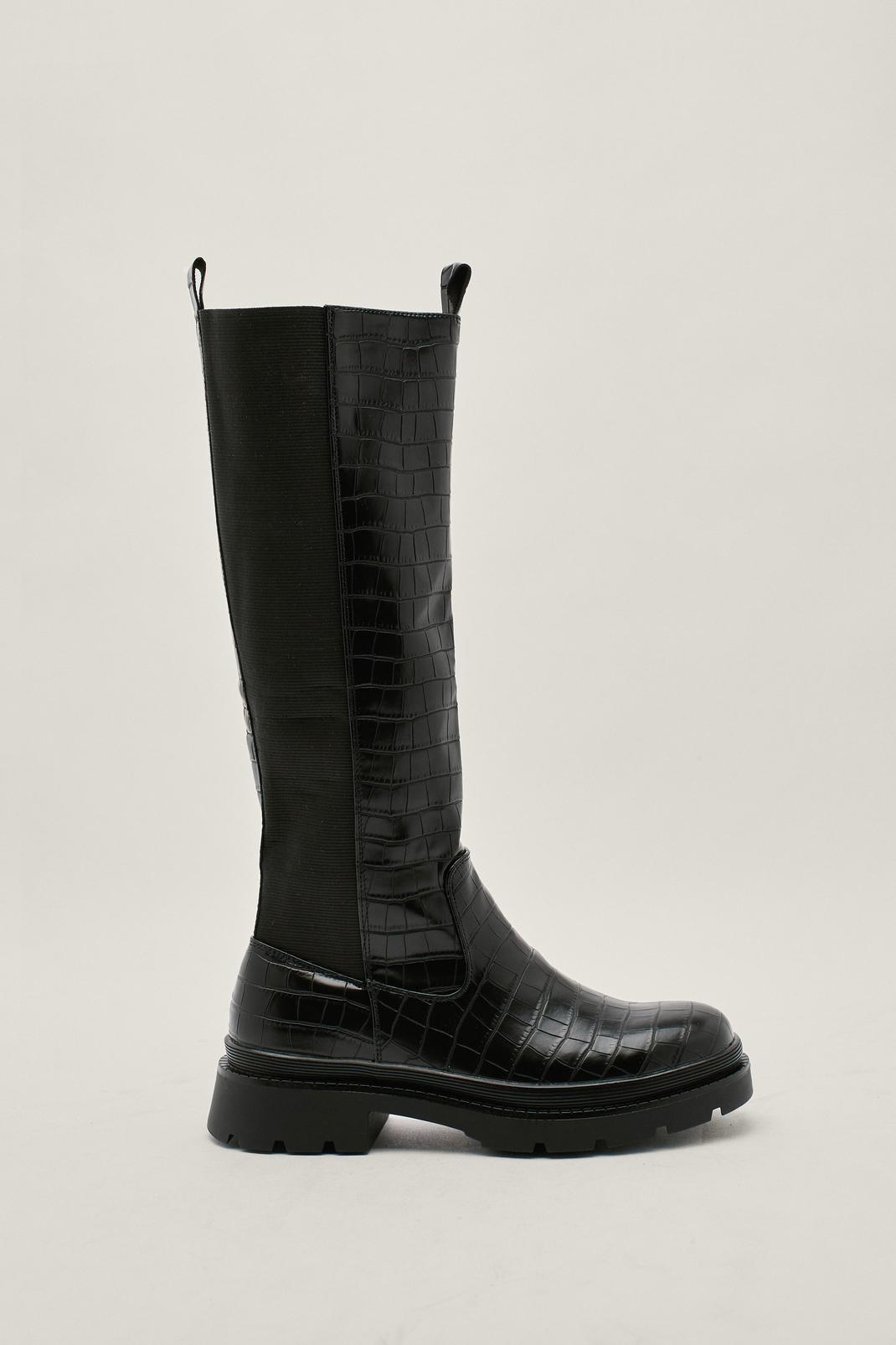 Black Croc Faux Leather Calf High Boots image number 1