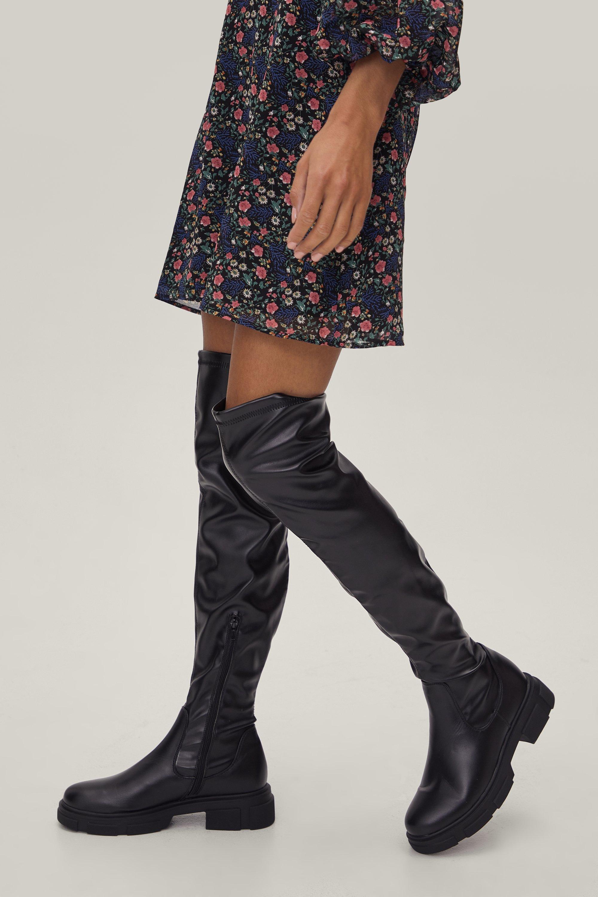 Faux leather over hot sale the knee flat boots