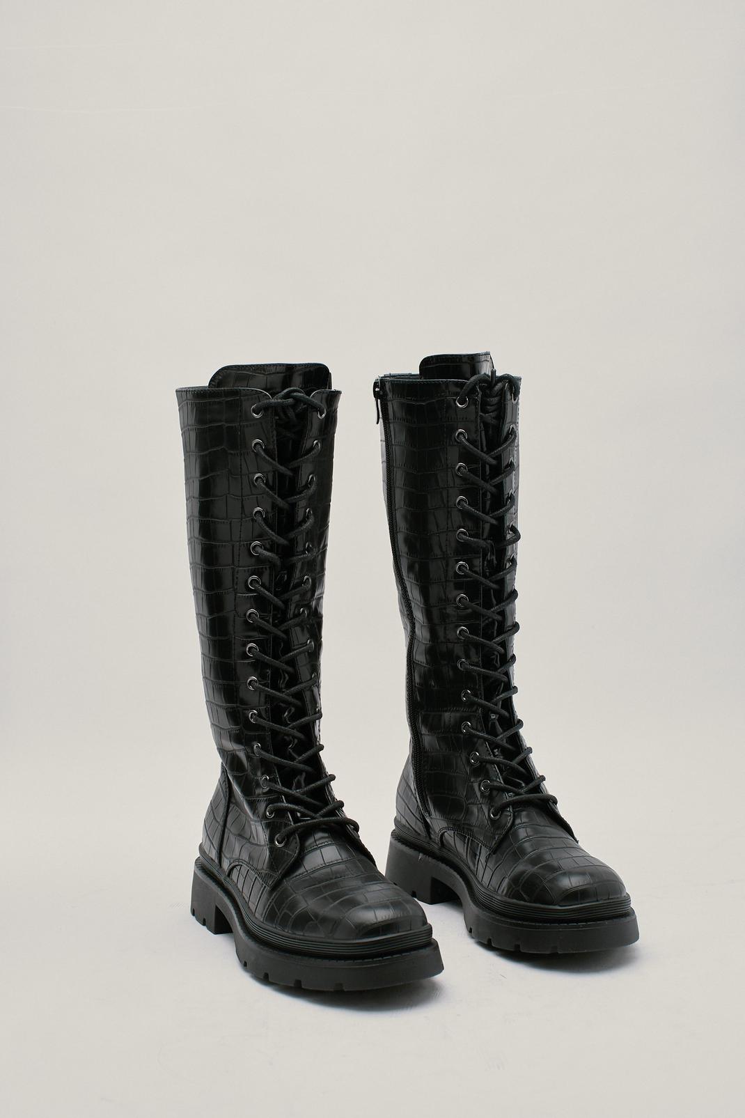 Black Faux Leather Calf High Croc Biker Boots image number 1