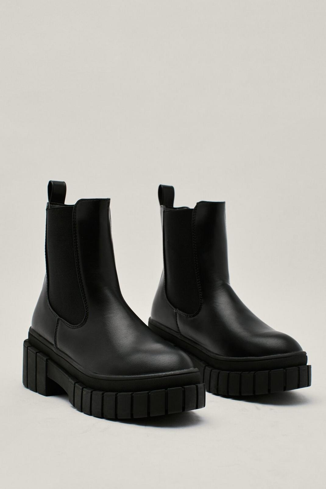 Black Faux Leather Chunky Cleated Chelsea Boots image number 1