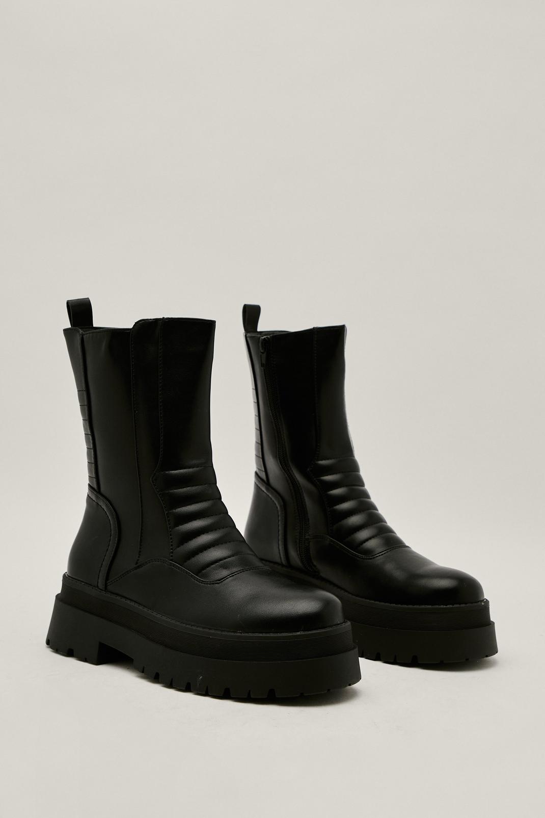 Black Faux Leather Quilted Chunky Sole Boots image number 1