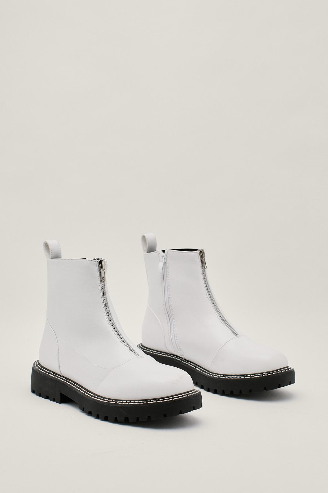 White Faux Leather Centre Front Zip Up Boots image number 1