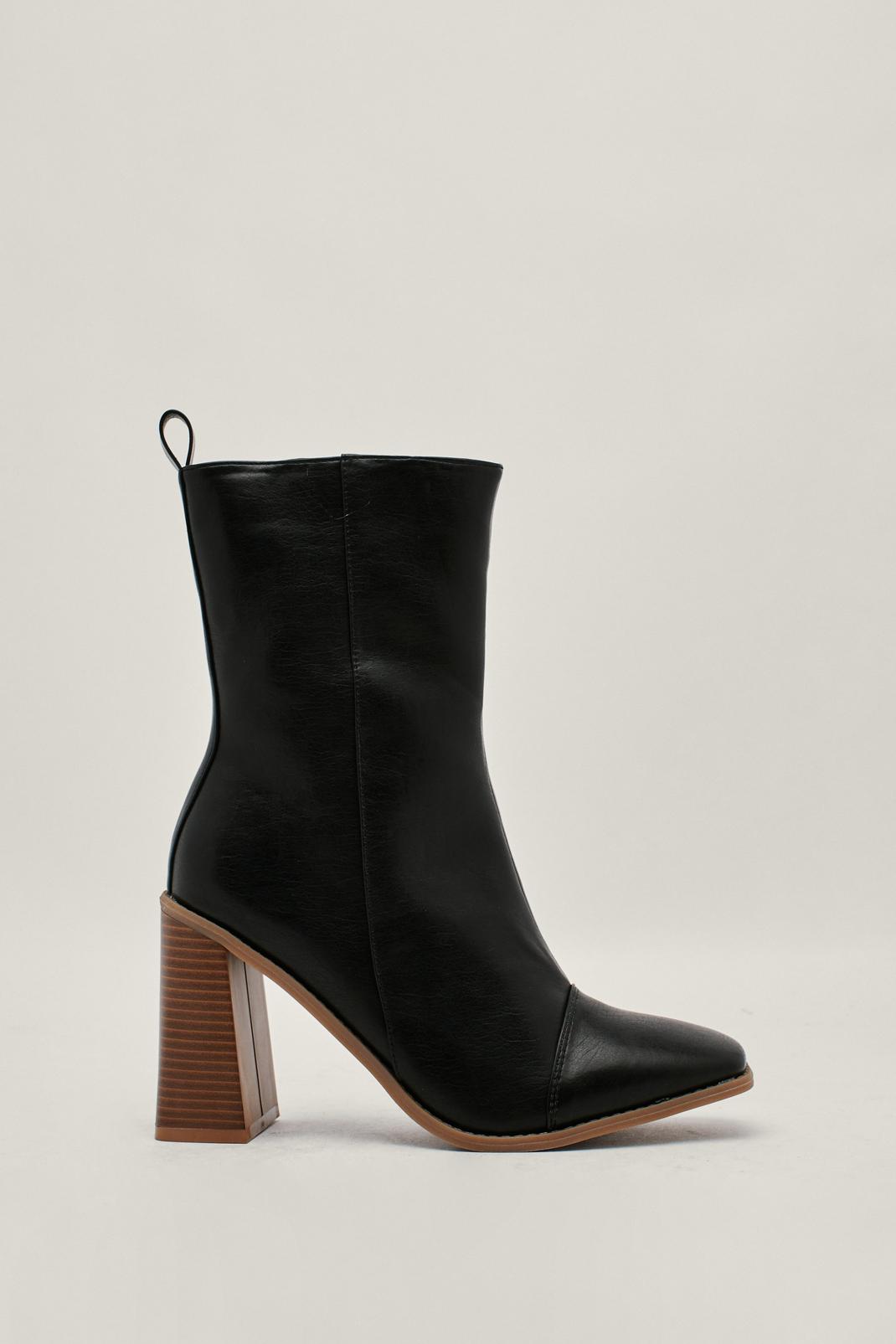 Black Faux Leather Wooden Heeled Ankle Boots image number 1