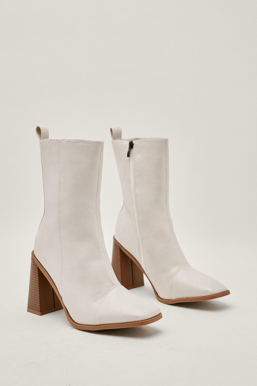 Faux Leather Wooden Heeled Ankle Boots