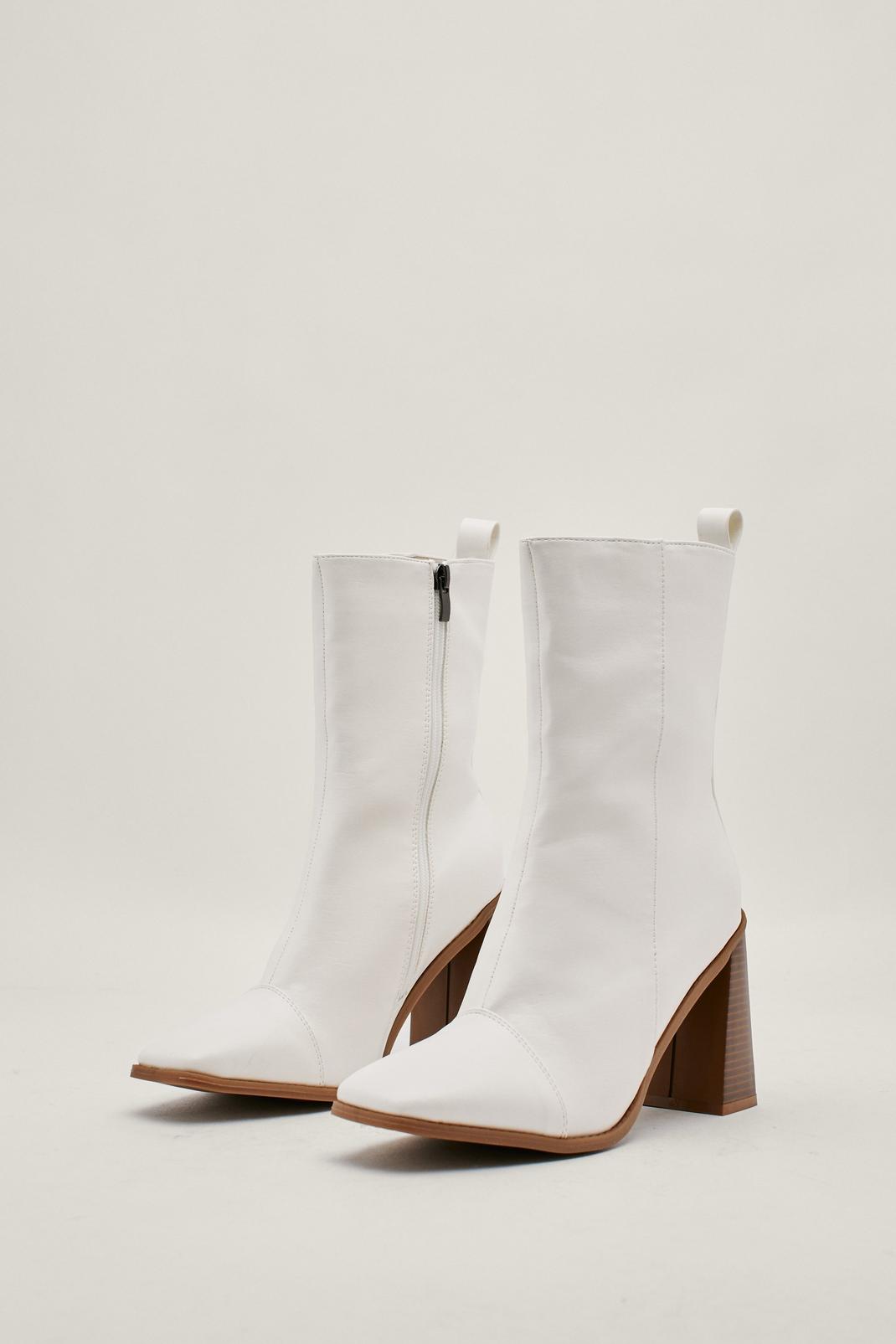 White Faux Leather Wooden Heeled Ankle Boots image number 1