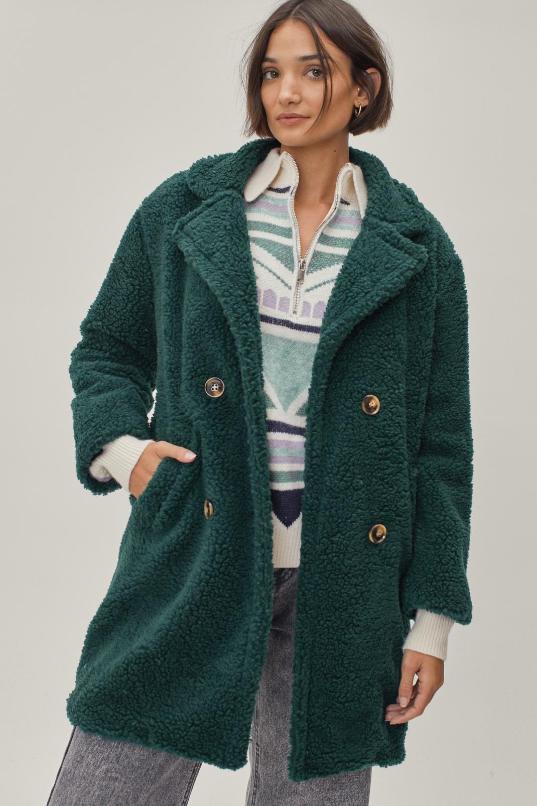 Manteau long croisé en style peau de mouton, Emerald image number 1