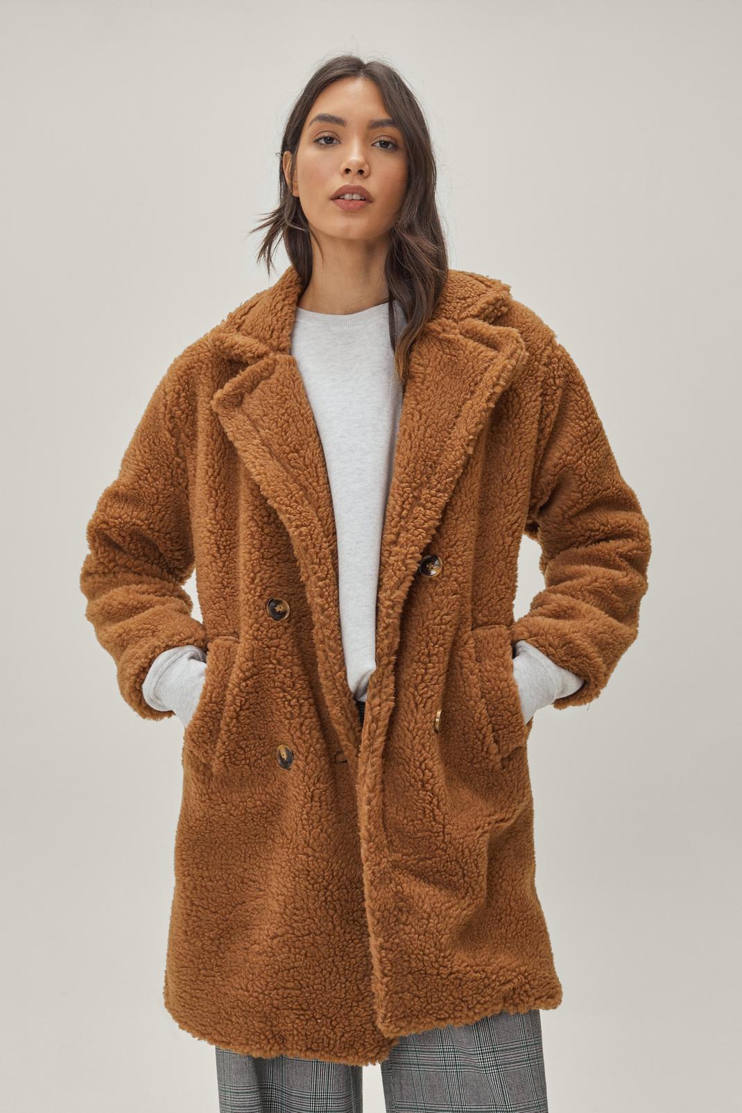 Tan Faux Shearling Double Breasted Longline Coat image number 1
