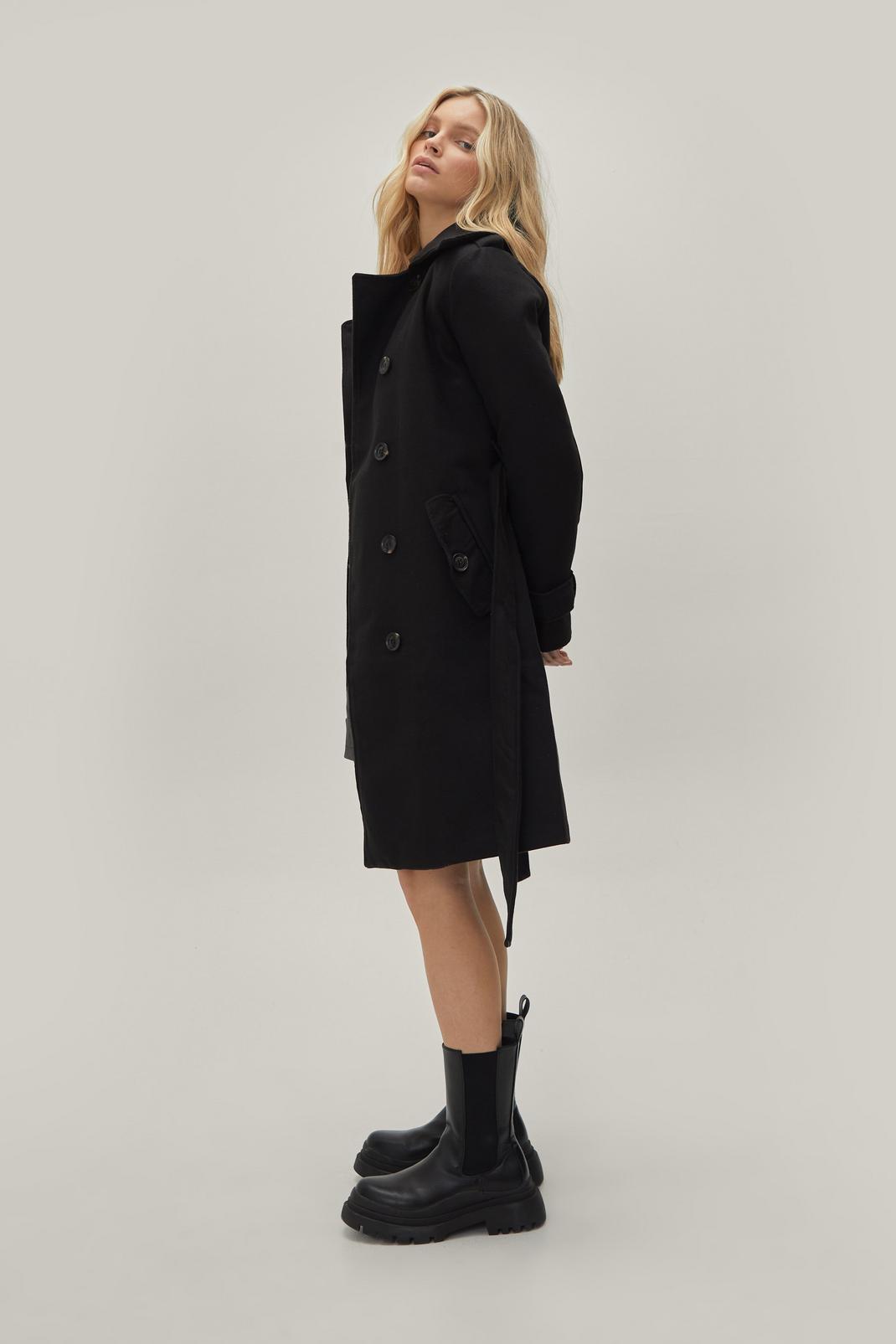 Black Button Front Belted Collared Coat image number 1