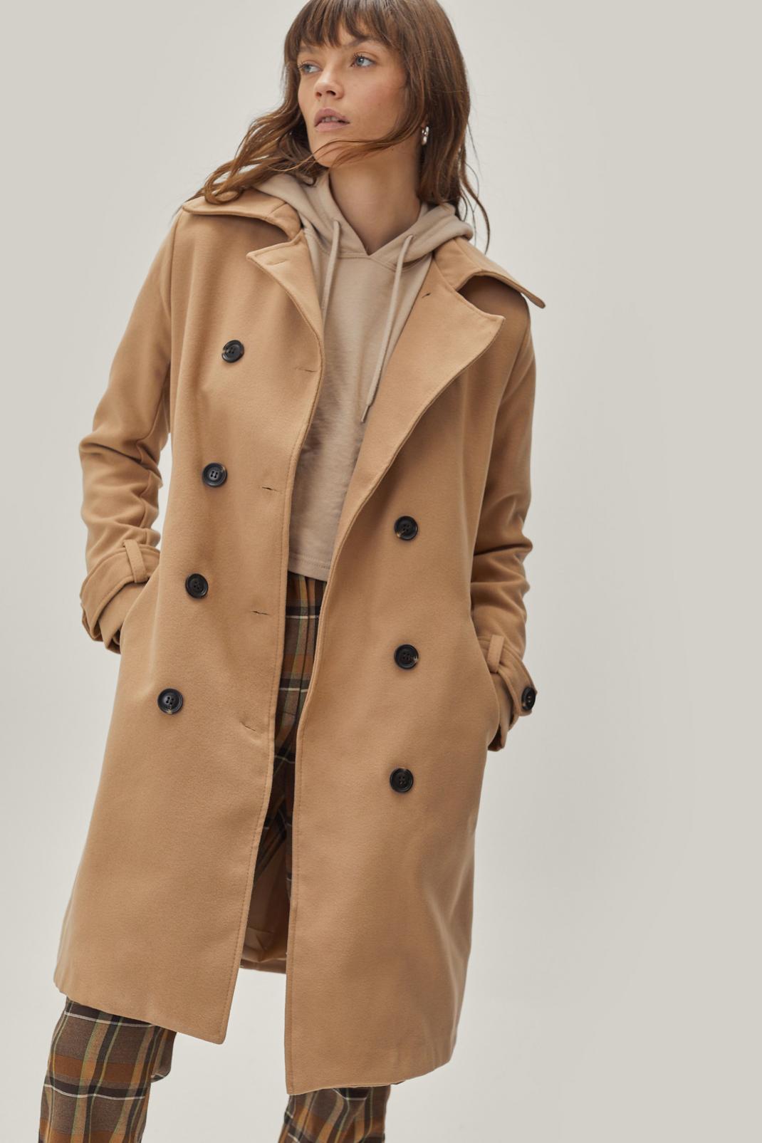 Camel Button Front Belted Collared Coat image number 1