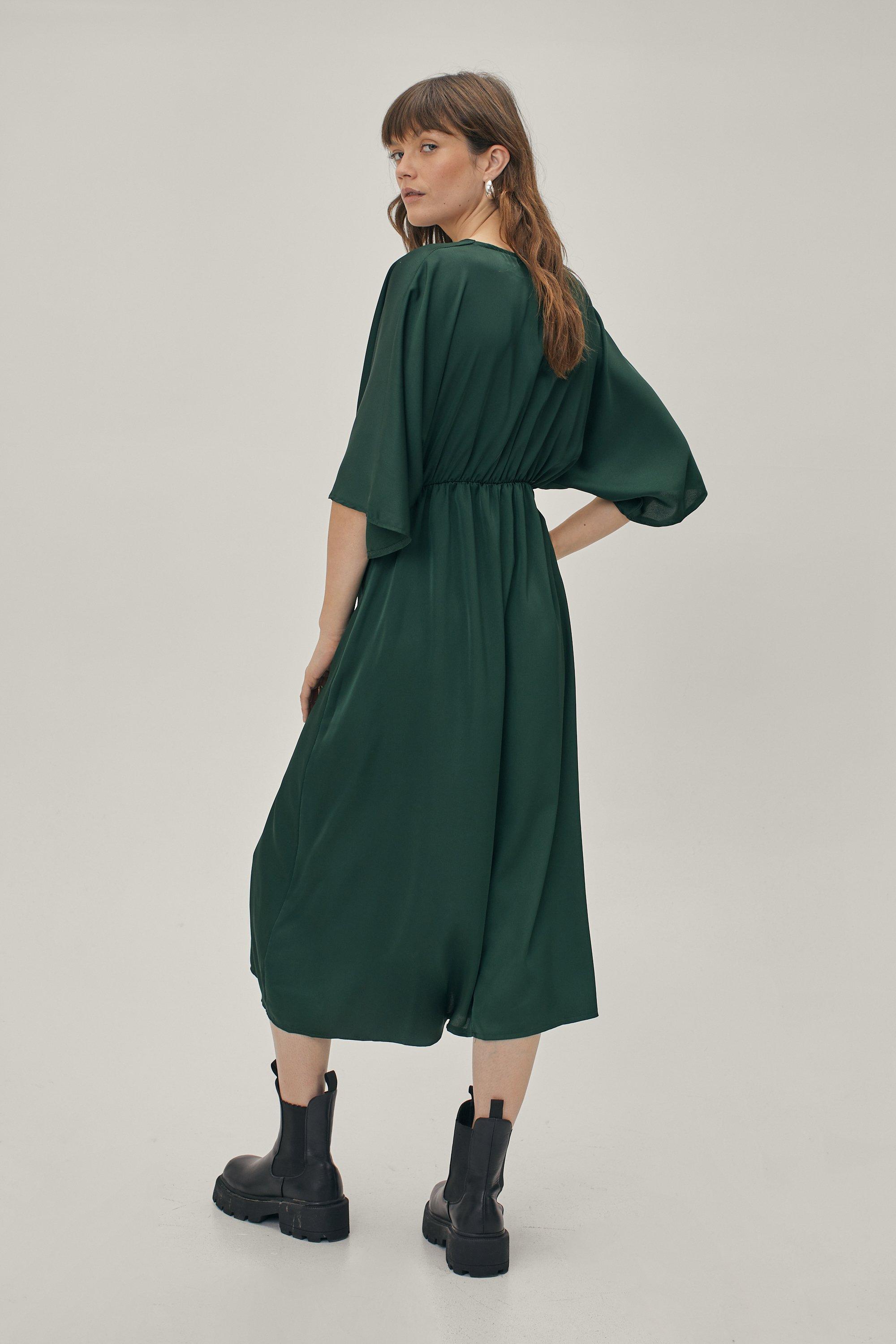 SATIN MIDI DRESS WITH GATHERED WAIST - Cava