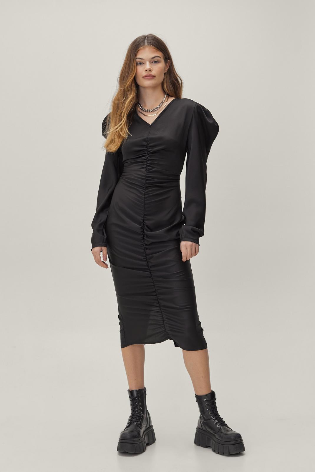 Black Ruched Puff Sleeve Midi Dress image number 1