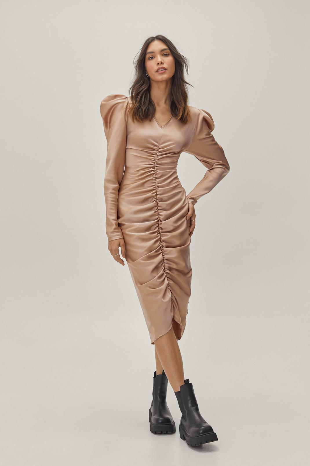 Champagne Ruched Puff Sleeve Midi Dress image number 1