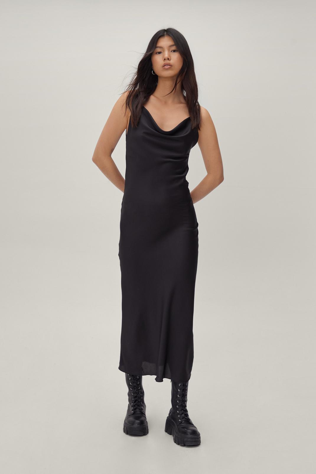 Black Fitted Cowl Neck Satin Maxi Dress image number 1