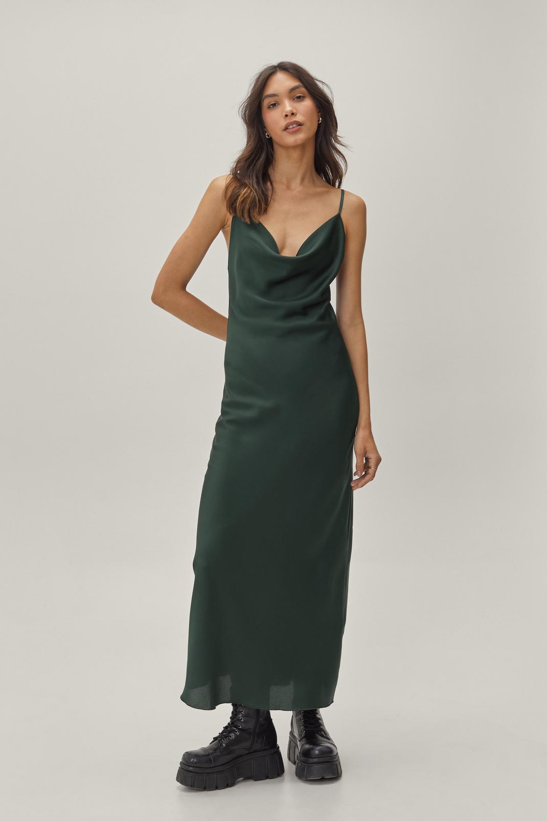 Emerald Fitted Cowl Neck Satin Maxi Dress image number 1