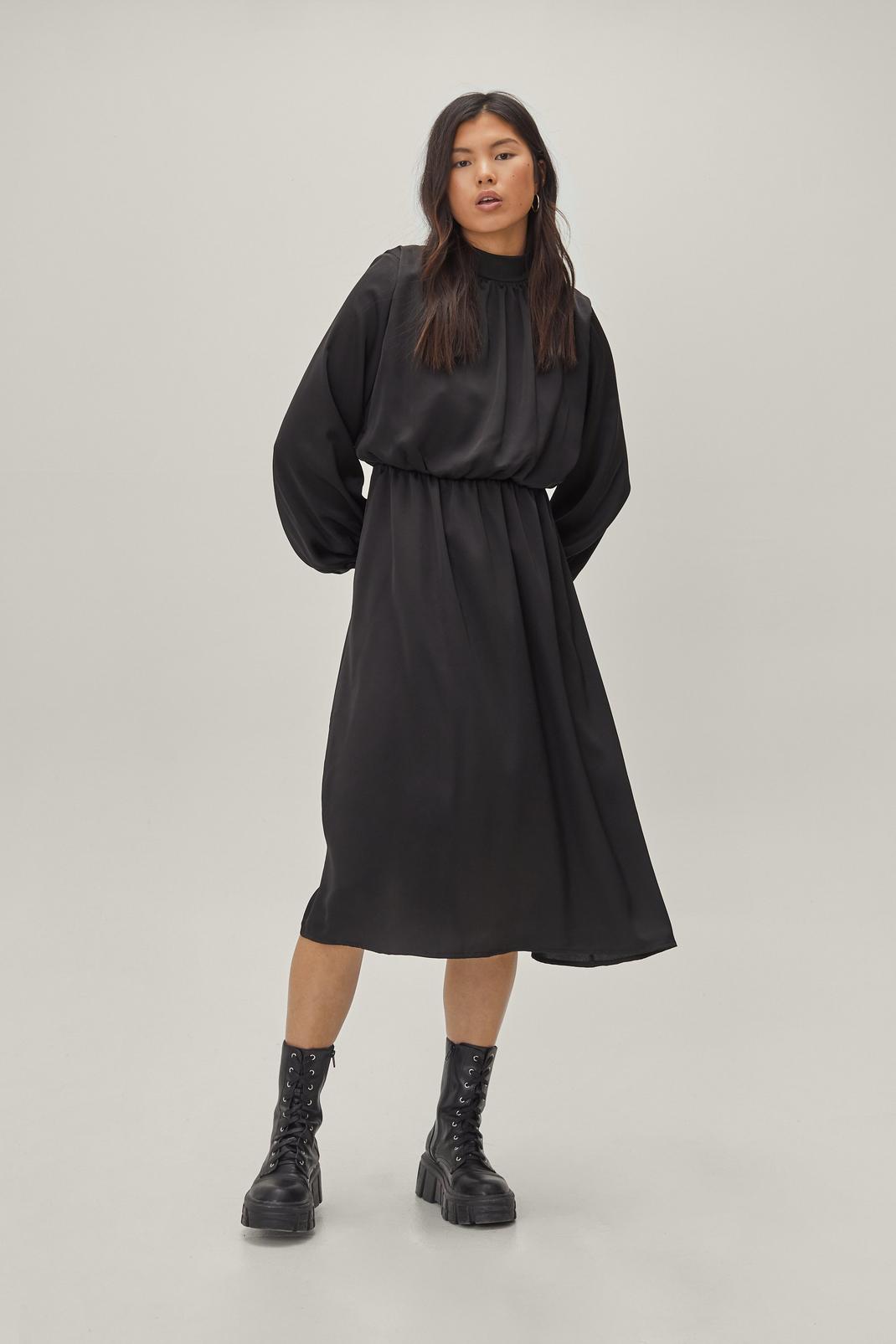 Black Satin High Neck Midi Dress image number 1