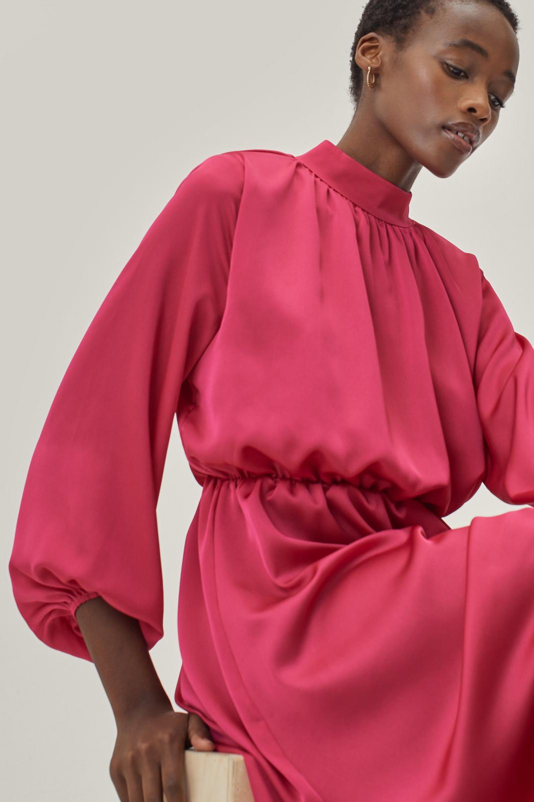 Pink Satin High Neck Midi Dress image number 1