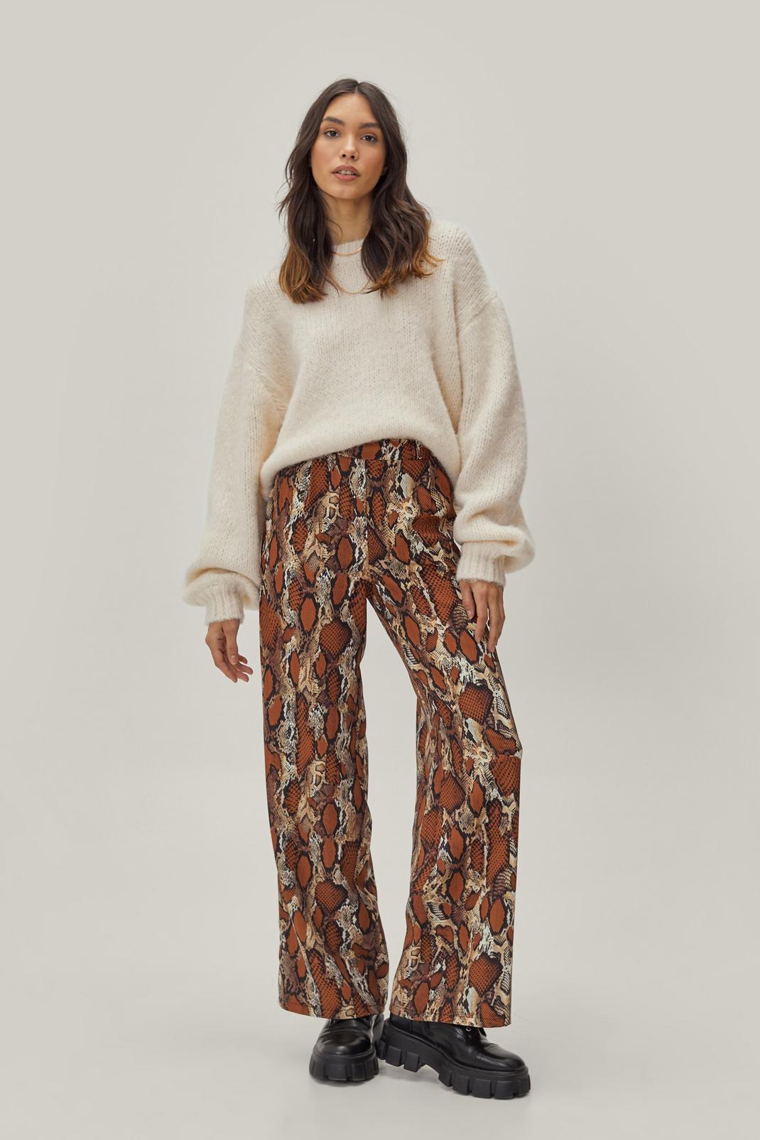 Rust Wide Leg High Waisted Snake Print Trousers image number 1