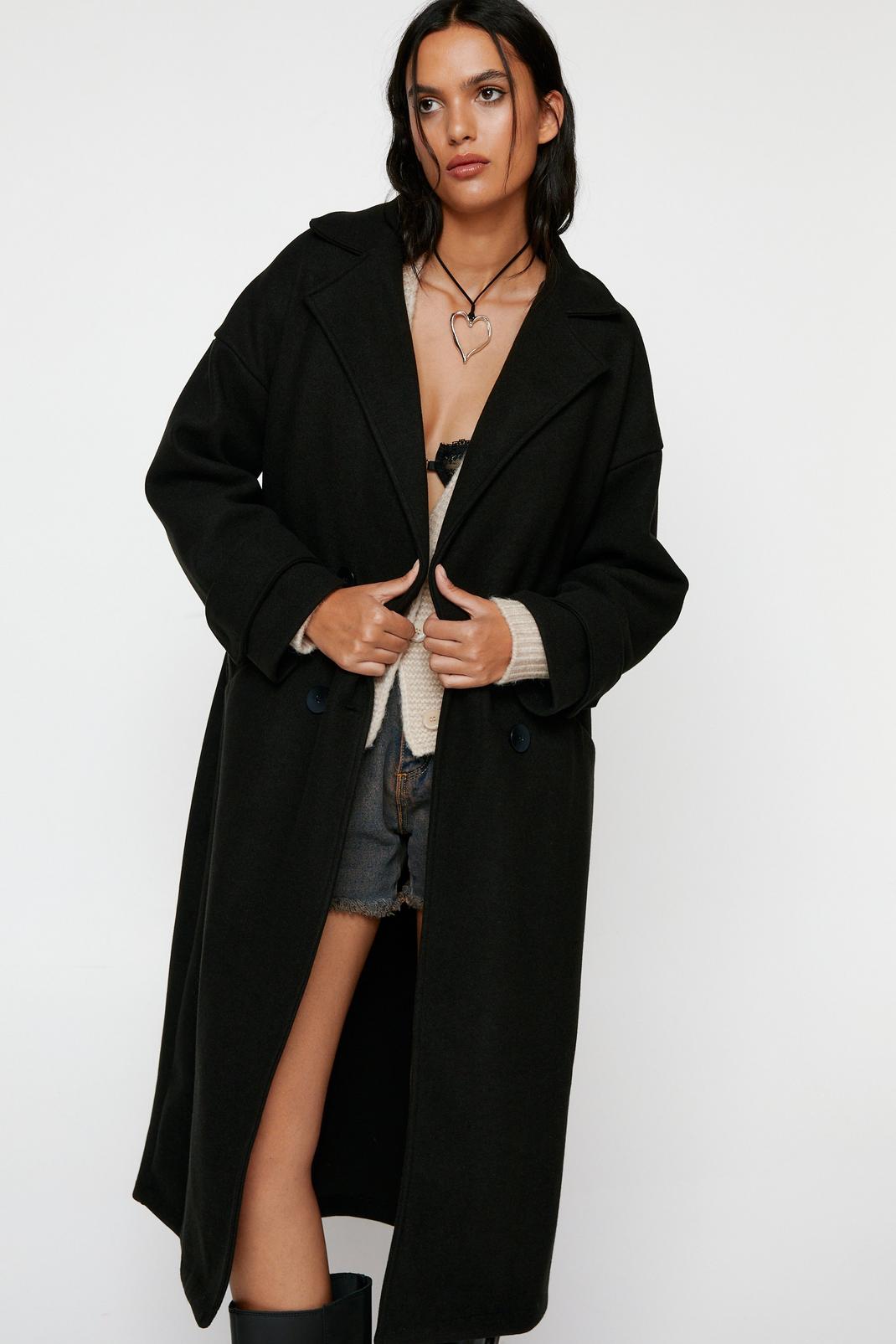 Black Faux Wool Double Breasted Longline Coat image number 1