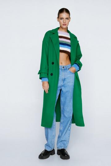 Green Faux Wool Double Breasted Longline Coat
