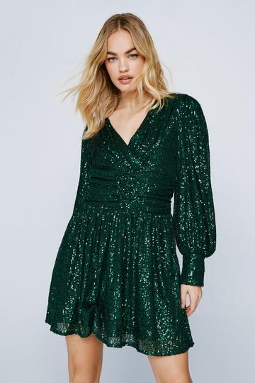 Green Sequin V Neck Ruched Waist Dress