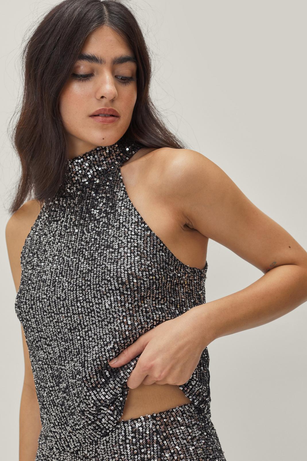 Silver Drapey Sequin Halter Top image number 1