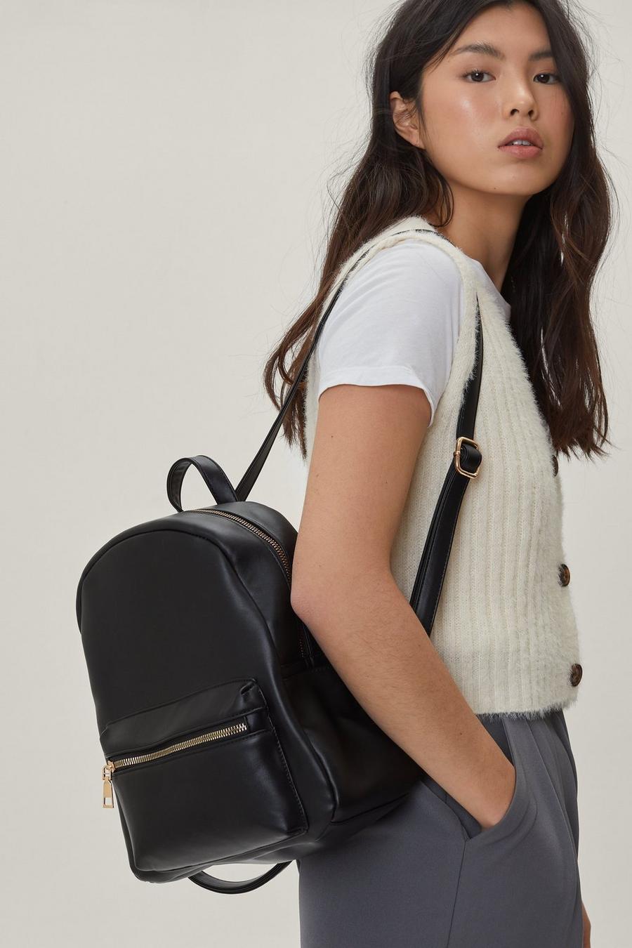 Faux Leather Zip Pocket Backpack