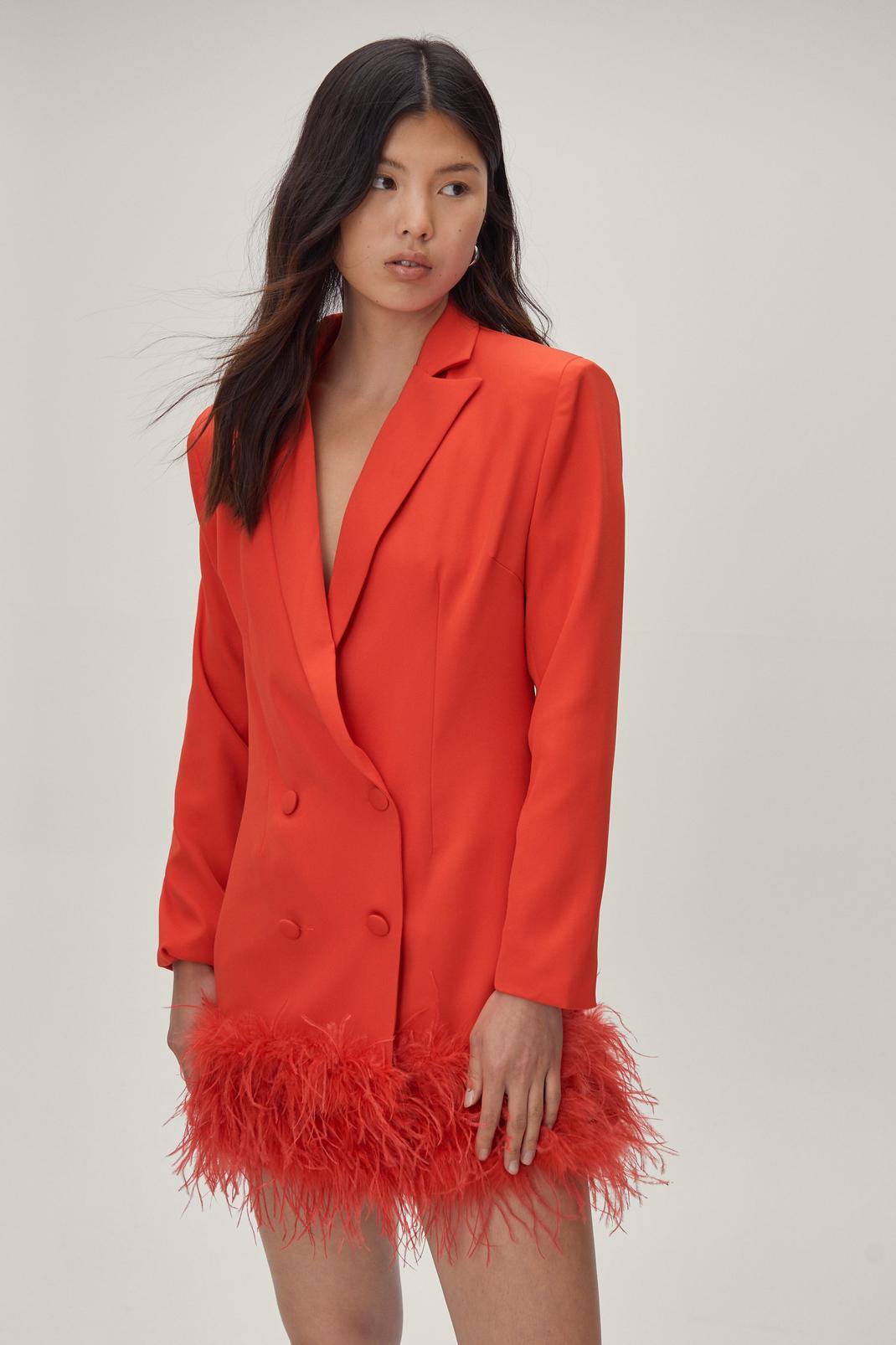 Red Feather Hem Double Breasted Blazer Dress image number 1