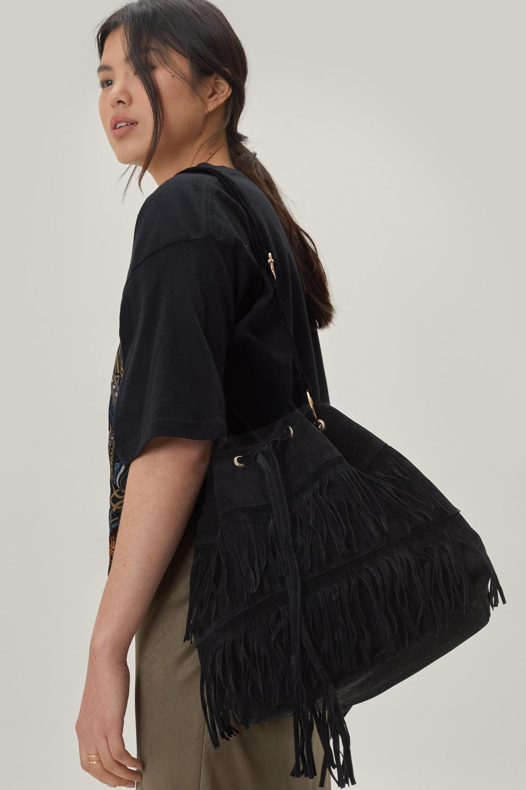 105 Faux Suede Fringed Bucket Crossbody Bag image number 2