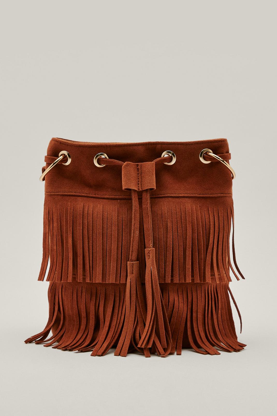 Tan Faux Suede Fringed Bucket Crossbody Bag image number 1