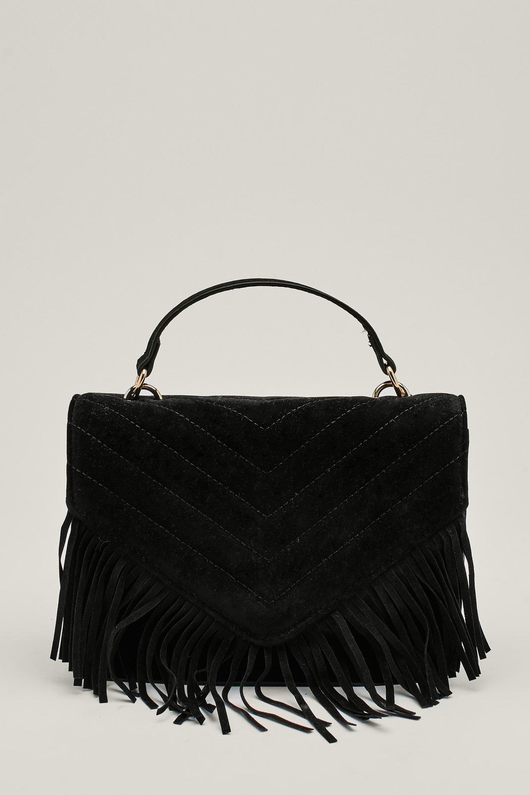Black Faux Suede Chain Strap Fringed Crossbody Bag image number 1