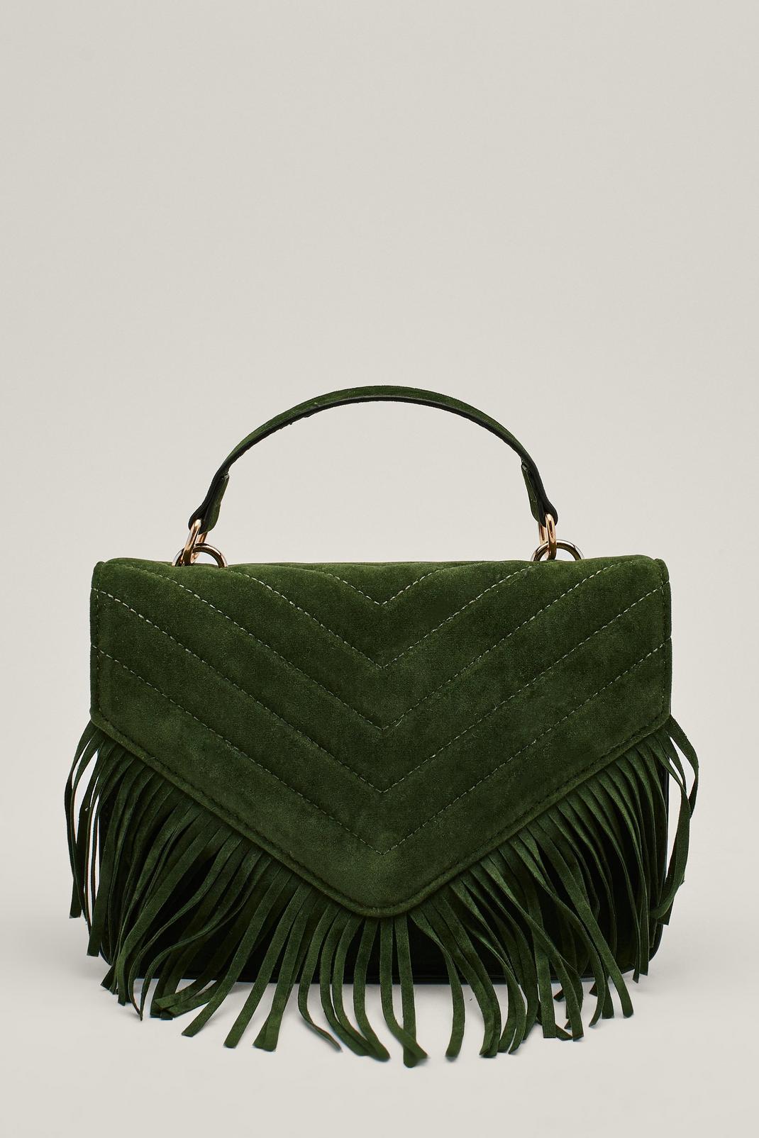 Khaki Faux Suede Chain Strap Fringed Crossbody Bag image number 1