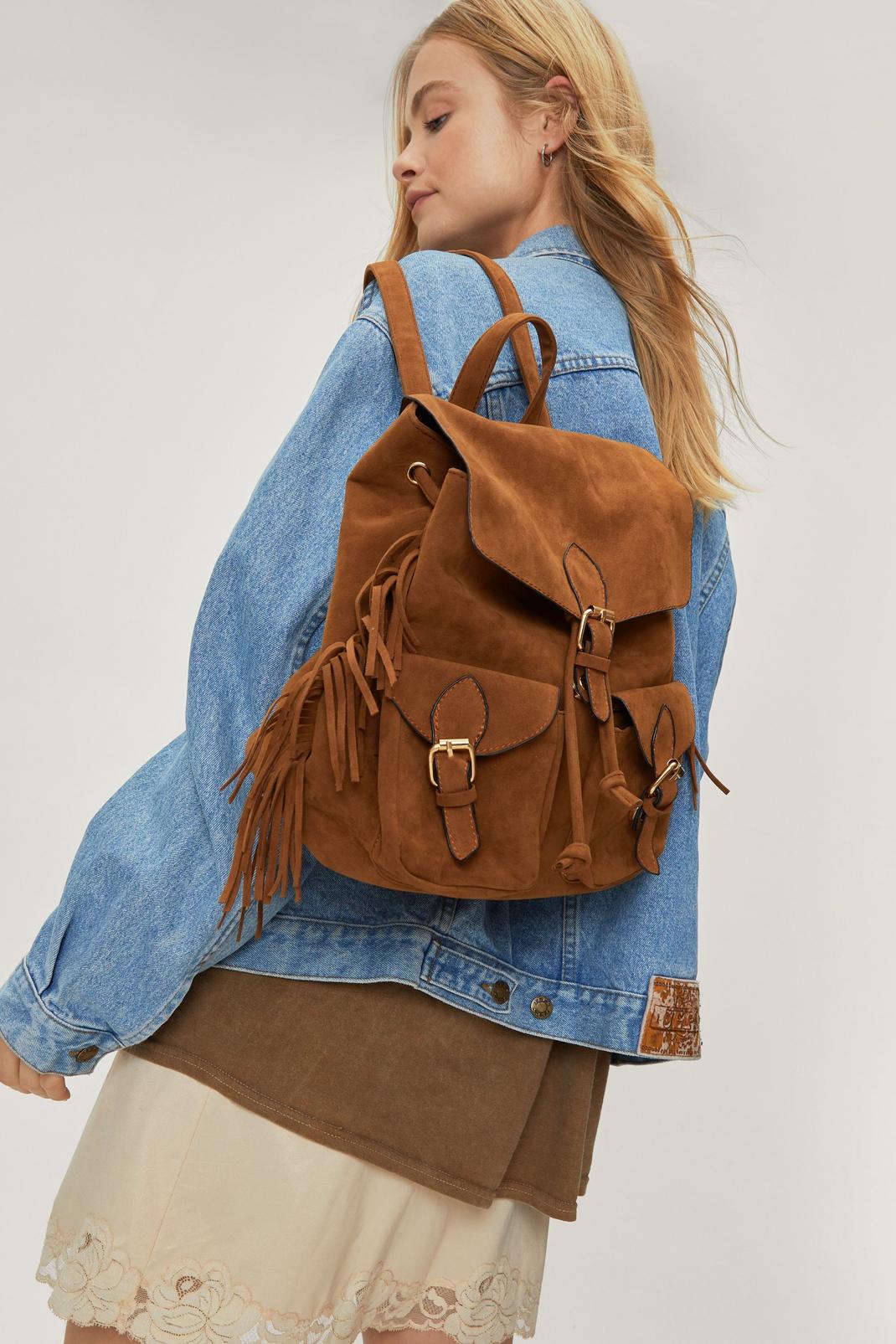 Tan Faux Suede Fringed Backpack image number 1