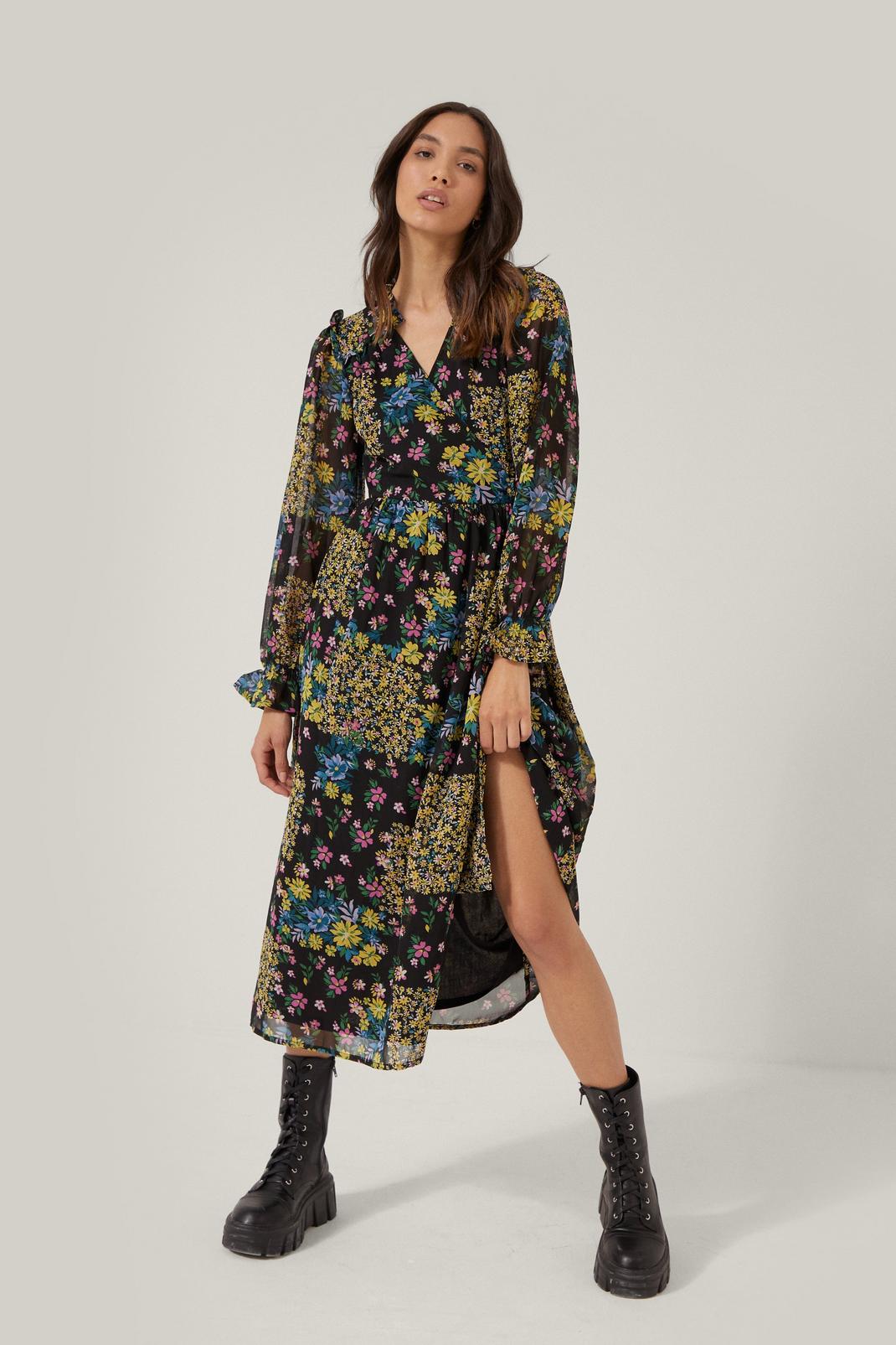 Yellow Patchwork Floral Print Wrap Midi Dress image number 1
